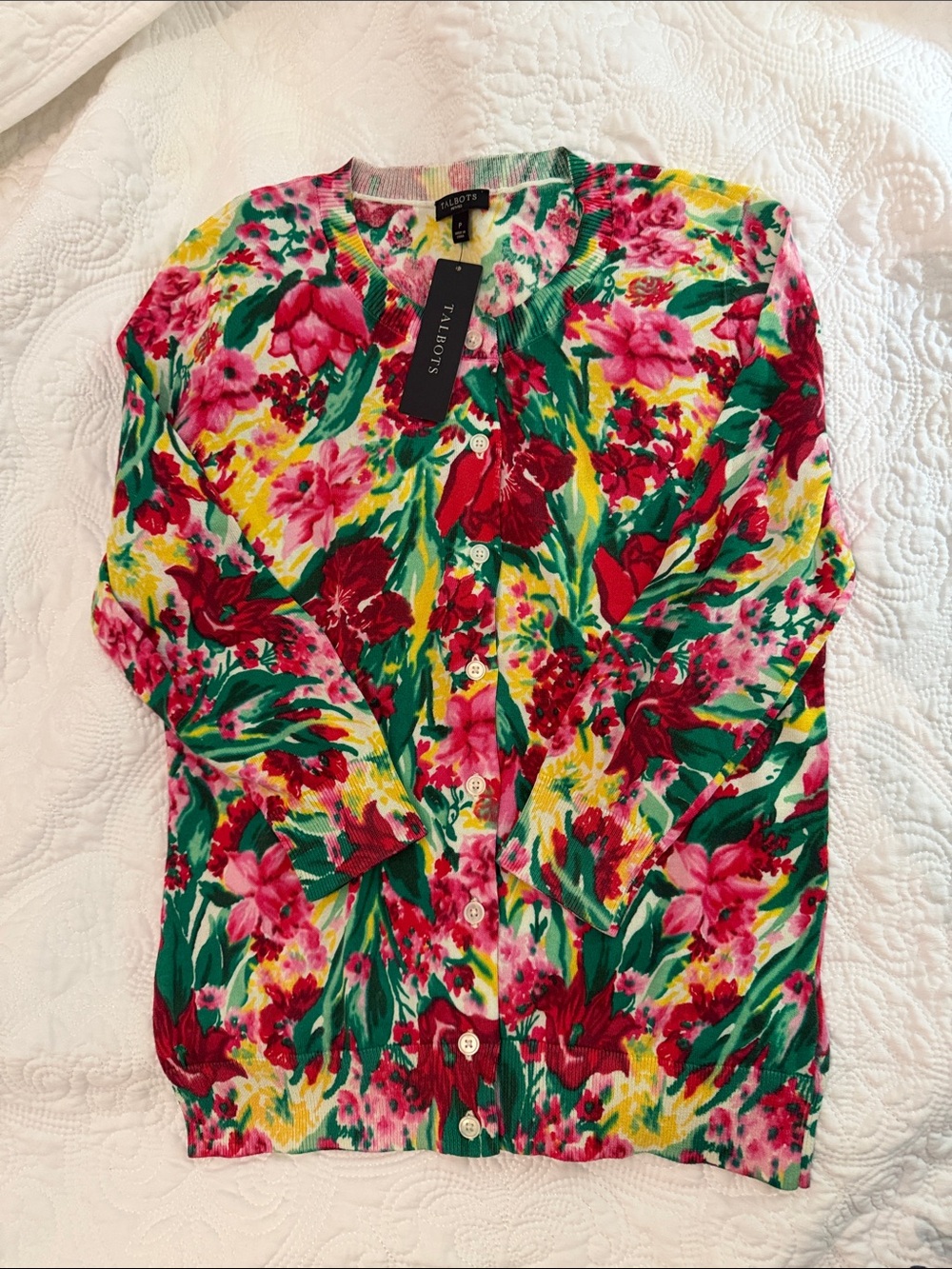 Talbots Floral Button-Up Cardigan in Red, Pink and Green